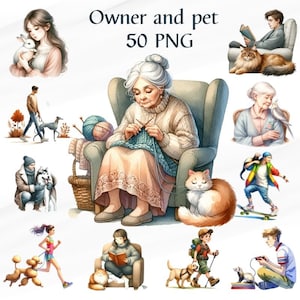 May include: A collection of watercolor illustrations featuring people with their pets. The illustrations depict a variety of scenes, including a woman knitting with a cat, a man reading a book with a cat, a woman walking a dog, a man skateboarding with a dog, and a girl running with a dog. The illustrations are all in a soft, whimsical style.