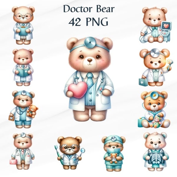 42 PNG Watercolor Medical Clipart , cute doctor bear, Gift for kids, Cute Doctor PNG Clipart, Doctor Bears ,Commercial Use