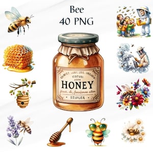 May include: A collection of bee-themed illustrations, including a jar of honey, a honeycomb, a bee with sunglasses, and a beekeeper in a white suit. The jar of honey has a label that reads "Honey" and "Yorr, ds, foavienne ation STIPLER".