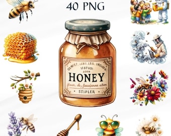 40 PNG Bees & Honey Clipart Bundle ,Watercolor Bee PNG, Kids Animals Clipart, Bumblebee, Commercial Use