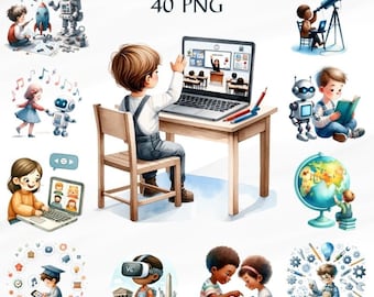 40 PNG Watercolor Children and technology, Cute kids,  cute children Clipart,  Cute boy technology, Commercial Use