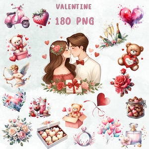 180 PNG watercolor Valentine&#39;s day Clipart, Clipart Bundle, romantic clipart, Valentine&#39;s Day Sweets, Commercial Use