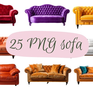 Peut inclure: Une collection de 25 images PNG présentant différents styles de canapés. Les canapés sont de différentes couleurs, notamment rouge, violet, jaune, orange et blanc. Certains canapés sont capitonnés, tandis que d'autres ont un design plus simple. Tous les canapés sont isolés sur un fond blanc.