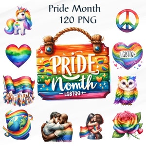 Puede incluir: Un conjunto de 120 ilustraciones digitales con diseños de arcoíris para el Mes del Orgullo. Las ilustraciones incluyen un unicornio, un signo de paz, un corazón, un letrero de madera con el texto "Mes del Orgullo - LGBTQ+", un búho, un globo terráqueo, dos parejas abrazándose y una rosa arcoíris.
