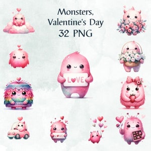 32 png-monsters clipartbundel, monsters clipart, kinderkamerdecoratie, cadeaus voor meisjes, schattige Valentijnsdag, babymonster, commercieel gebruik