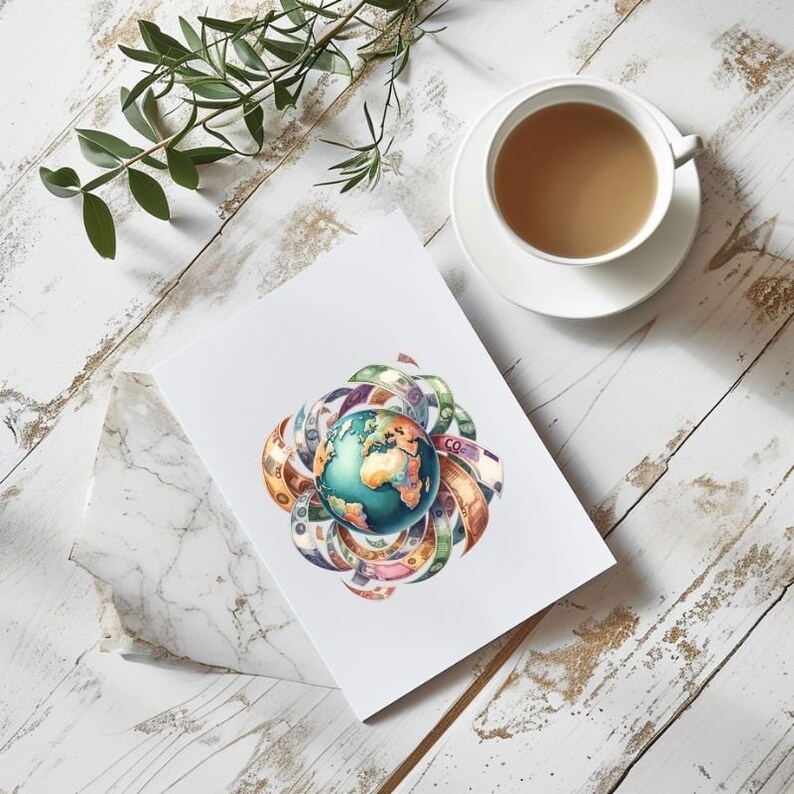 K&ouml;nnte beinhalten: Eine Aquarellillustration eines Globus, der von buntem Papiergeld umgeben ist. Der Globus ist gr&uuml;n und blau mit dargestellten Kontinenten und Ozeanen. Das Papiergeld ist in verschiedenen St&uuml;ckelungen und W&auml;hrungen.