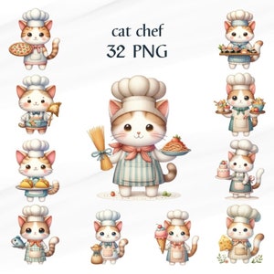 32 png aquarel kat chef-kok clipart, foodie, eten, schattige kat clipart, voor kaart, commercieel gebruik