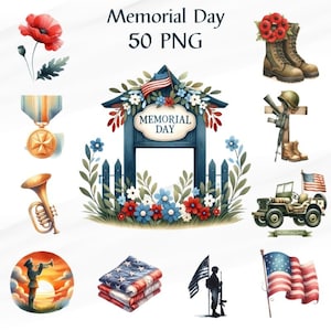 50 PNG acuarela Memorial Day Clipart, Día de los Caídos, Día de América de EE.UU., Mujer que hace tarjetas, Uso comercial