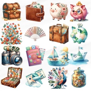K&ouml;nnte beinhalten: Eine Sammlung illustrierter Reiseartikel, darunter ein Reisepass, ein Koffer, ein F&auml;cher, ein Sparschwein, ein Globus, eine Holzkiste, eine Brieftasche, ein Boot, ein Flugzeug, ein Pfau und ein Glas mit M&uuml;nzen.