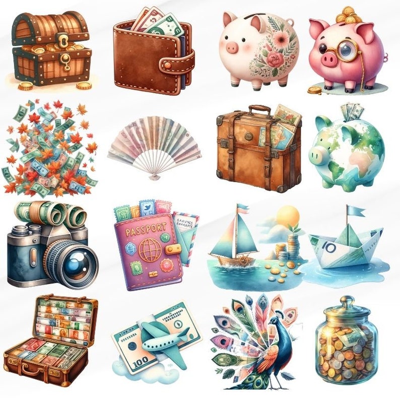 K&ouml;nnte beinhalten: Eine Sammlung illustrierter Reiseartikel, darunter ein Reisepass, ein Koffer, ein F&auml;cher, ein Sparschwein, ein Globus, eine Holzkiste, eine Brieftasche, ein Boot, ein Flugzeug, ein Pfau und ein Glas mit M&uuml;nzen.
