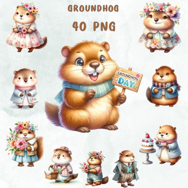 40 PNG  Watercolor Groundhog, Groundhog Bundle, Gift for kids, Kids Animals Clipart, Groundhog Commercial Use