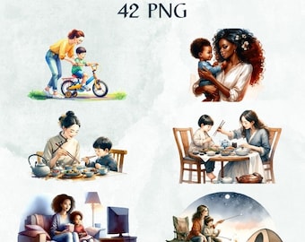 42 PNG Watercolor Mother's Day Clipart, Painted Mother and Child Clipart, Mom and Child,  Card Making Woman, Commercial Use