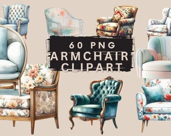 60 PNG Aquarell elegant bunt Stuhl, Sessel, Clipart Bundle, Innendesign