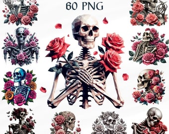 60 PNG Skeleton with roses, Vintage Rose, Halloween PNG, Watercolor gothic rose, Commercial Use