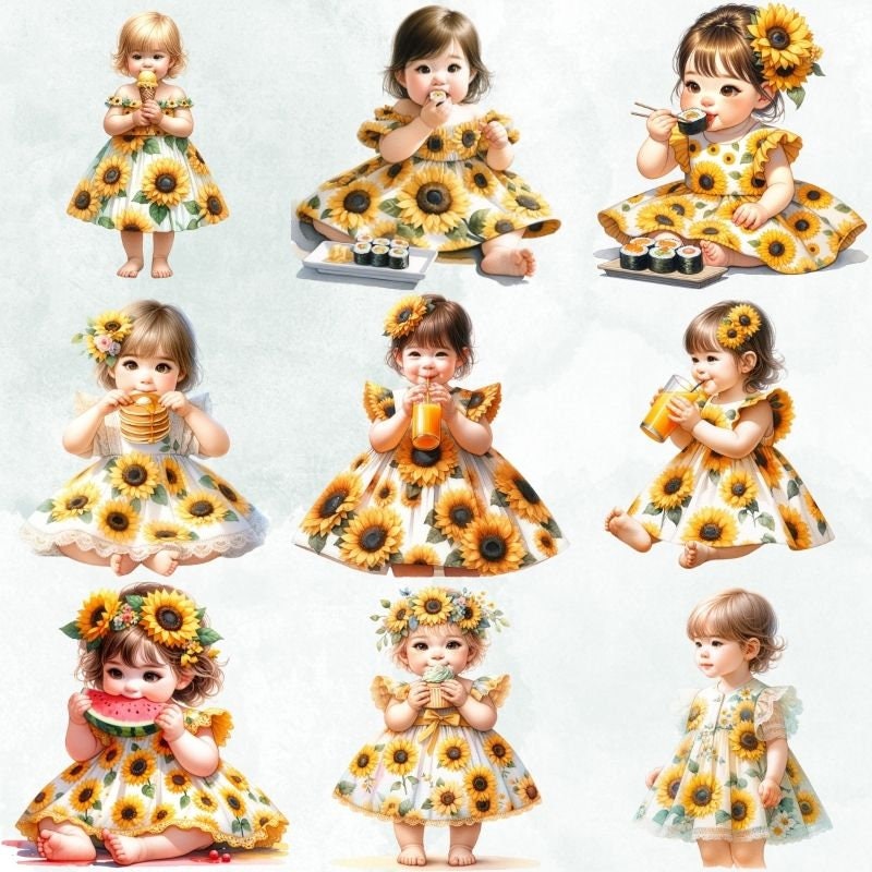 30 PNG Cute Sunflower Baby Clipart PNG Sublimation, Watercolor Clipart ...