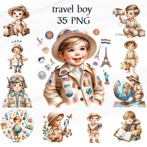 Puede incluir: Una colección de 35 ilustraciones digitales que presentan a un niño pequeño vestido con una chaqueta marrón con una variedad de accesorios de temática de viaje. El niño se representa en diferentes entornos, incluyendo un avión, un tren, un barco y un coche. Las ilustraciones son perfectas para usar en scrapbooking, creación de tarjetas y otros proyectos creativos.