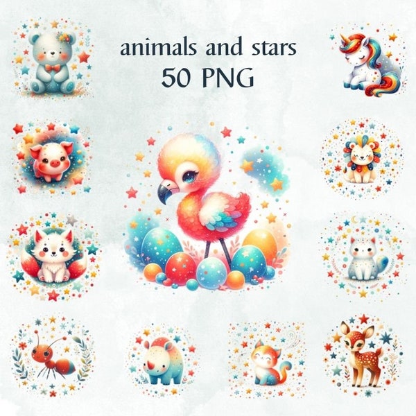 50 PNG Watercolor cute fat animal,animals and starsl clipart, Nursery Decoration, Gifts for Girls, Kids for card Commercial Use