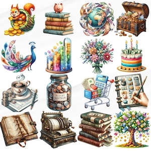 K&ouml;nnte beinhalten: Eine Sammlung bunter Illustrationen, die verschiedene finanzielle und wirtschaftliche Themen darstellen. Die Illustrationen zeigen einen Eichh&ouml;rnchen mit M&uuml;nzen, einen Stapel B&uuml;cher mit Titeln wie "Finanzen" und "Wirtschaft", einen Globus, der von Geld umgeben ist, eine Truhe voller Goldm&uuml;nzen, einen Pfau mit bunten Federn, ein Glas voller M&uuml;nzen mit der Aufschrift "Budget Savings", einen Einkaufswagen mit einem Taschenrechner, ein Notizbuch mit Finanzdiagrammen, eine Kasse, einen Baum mit Geld-Bl&auml;ttern und einen Kuchen, der mit M&uuml;nzen verziert ist.
