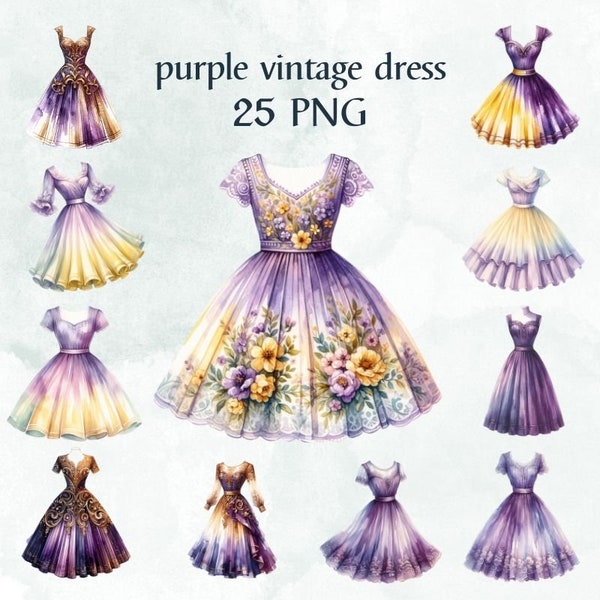 25 PNG watercolor purple vintage dress Clipart, Princess dress clipart ,vintage dress - Commercial Use