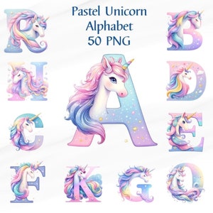 50 PNG Pastel Unicornio Alfabeto 300dpi, Alfabeto PNG, Alfabeto acuarela, Alfabeto A - Z Números 0 - 9 Elementos de diseño, Uso comercial