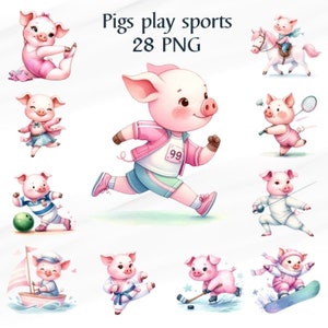 28 PNG niedliches rosa Schwein, Clipart Bundle, Geschenk für Kinder, Kinder Schweine spielen Sport Clipart, niedliches Baby Schwein, kommerzielle Nutzung