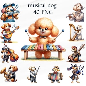 Aquarelle musicale de chien de 40 PNG, clipart de chambre d'enfant, engageant et amusant pour les chiens, cadeau parfait pour les amoureux des chiens et les animaux de compagnie, usage commercial