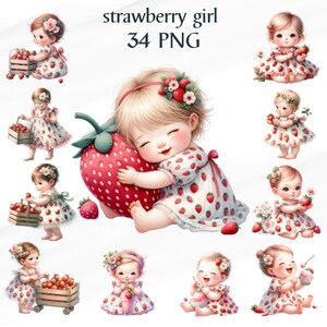 34 PNG fraise fille clipart PNG sublimation, clipart aquarelle, fraise pour carte, usage Commercial