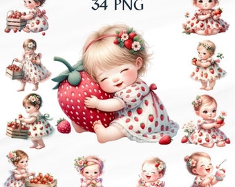 34 PNG strawberry girl clipart  PNG sublimation,  watercolor clipart, strawberry  for card, Commercial Use Use