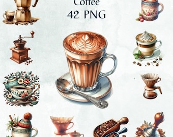 42 PNG Coffee clipart bundle, Coffee png, Clipart Bundle,Watercolor Coffee, Junk Journal, Commercial Use