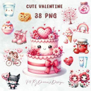 38 PNG watercolor cute element Valentine Clipart, Clipart Bundle, romantic clipart, Valentine&#39;s Day Sweets, Commercial Use