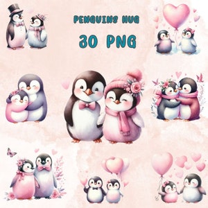 30 PNG acuarela pingüino pareja, pareja de animales, pingüino de San Valentín, imágenes prediseñadas de vivero, decoración de vivero, imágenes prediseñadas de acuarela, uso comercial