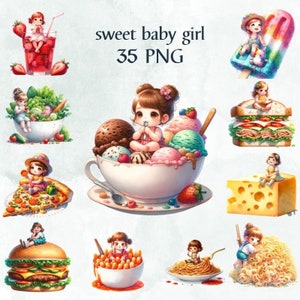 35 PNG sweet baby girl clipart PNG sublimation, clipart aquarelle, petite fille mignonne, utilisation commerciale