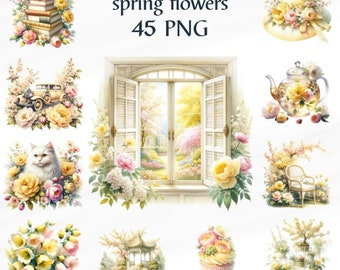 45 PNG spring flowers, Clipart Bundle, flowers Clipart, Watercolor flowers Digital Paper, Spring Floral Clipart, Commercial Use