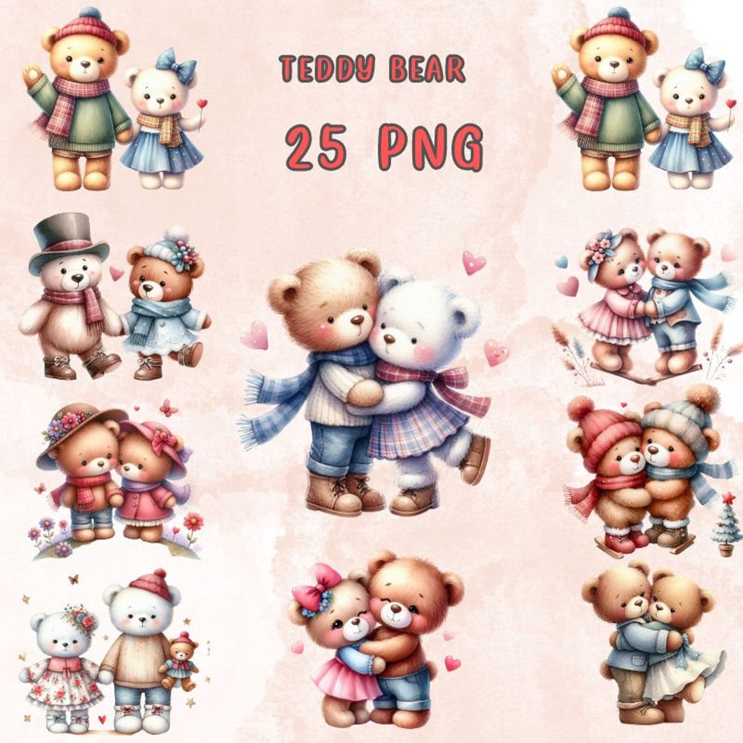 25 PNG Watercolor Teddy Bear Couple Minimalist Clipart, Valentines Day ...