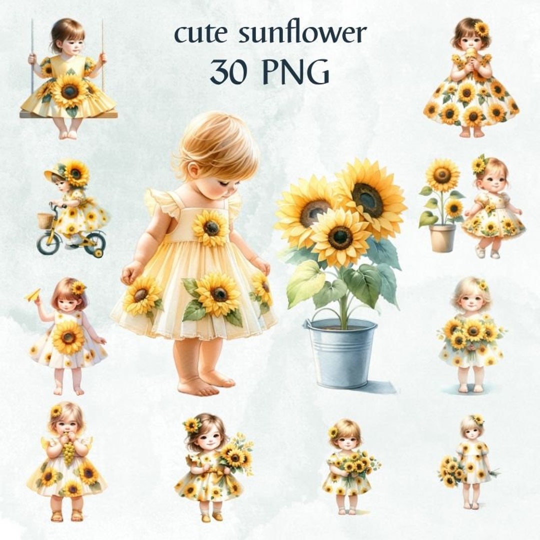 30 PNG Cute Sunflower Baby Clipart PNG Sublimation, Watercolor Clipart ...