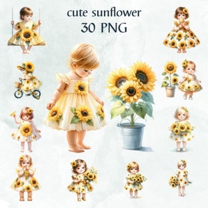 30 PNG süße Sonnenblume Baby Clipart PNG Sublimation, Aquarell Clipart, süße Sonnenblume für Karte, Mädchen Clipart, kommerzielle Nutzung