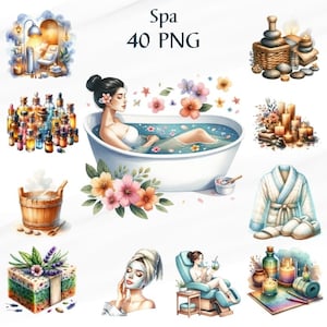 Lot de 40 cliparts aquarelle spa, journée au spa | Clipart aquarelle, clipart beauté, femme faisant des cartes, usage commercial