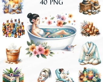 40 PNG Watercolor Spa Clipart Bundle, Spa Day | Watercolor Clipart, Beauty Clipart, Card Making Woman, Commercial Use