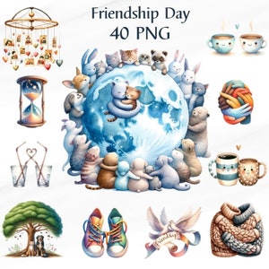 40 PNG Watercolor Friendship Day, Clipart Bundle, Cute Friendship,Best Friends,Friends Sublimation Commercial Use