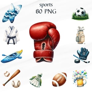 Clipart sport aquarelle 60 PNG, football, hockey, tennis, volley-ball, bowling, badminton, équipement de sport, cadeau pour papa, usage commercial