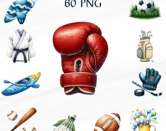 60 PNG Watercolor Sports Clipart, Soccer, Hockey, Tennis, Volleyball, Bowling, Badminton, Sports Equipment, Gift for Dad,Commercial Use
