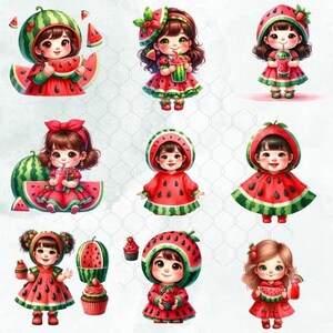 May include: Nine illustrations of girls dressed in watermelon costumes and holding watermelon-themed items. The girls are wearing red and green watermelon costumes with green leaves and black seeds. Some of the girls are holding watermelon slices, watermelon juice, and watermelon cupcakes.