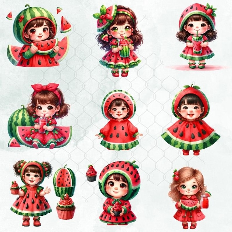 May include: Nine illustrations of girls dressed in watermelon costumes and holding watermelon-themed items. The girls are wearing red and green watermelon costumes with green leaves and black seeds. Some of the girls are holding watermelon slices, watermelon juice, and watermelon cupcakes.