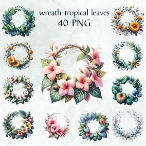 40 Tropical Leaves Clipart Watercolor , Clipart Bundle, Wreath Border Branches Banana Leaves,Commercial Use