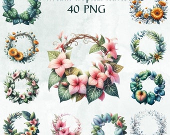 40 Tropical Leaves Clipart Watercolor , Clipart Bundle, Wreath Border Branches Banana Leaves,Commercial Use