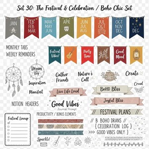 May include: A collection of digital stickers and banners with a boho theme. Includes monthly tabs, weekly reminders, and journal prompts. Features illustrations of a dreamcatcher, guitar, and lantern. Text includes "Festival Vibes!" and "Good Vibes Only!"