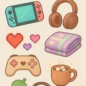 Mysigt Gamer-klistermärkespaket | Pastellfärgat spel-PNG-paket (digital nedladdning)
