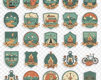 May include: A collection of outdoor-themed stickers with illustrations of camping, nature, and animals. Designs include a badger, squirrel, campfire, mountains, and text like "Nutty for Nature" and "Happy Camper". The stickers are in shades of green, orange, and brown.