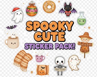May include: A collection of cute, spooky-themed stickers. The stickers include a ghost wearing a Santa hat, a pumpkin ornament, a donut, a bat with a heart, a potion bottle, a scarecrow, a mug with a ghost, a scarf, a pillow with a pumpkin, a skeleton, and a ghost cookie. Text reads "SPOOKY CUTE STICKER PACK!"