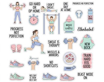 Digital Fitness Sticker Bulk PNG Set: Gym Workout Yoga Motivation
